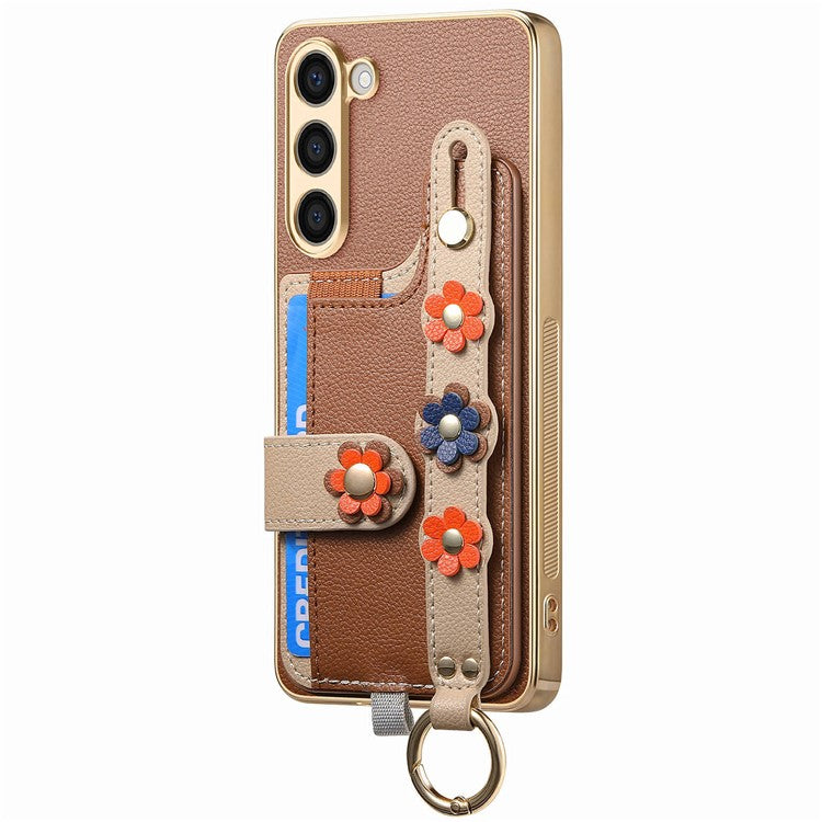 W2 For Samsung Galaxy S23+ Case Leather Coated TPU Phone Cover Anti-Drop Wristband 3D Flower Dedor