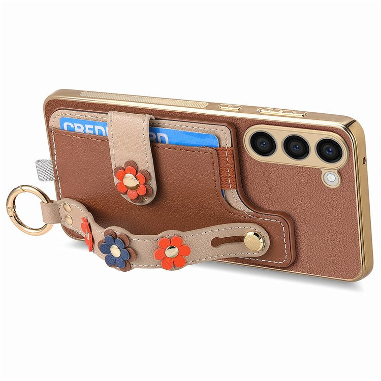 W2 For Samsung Galaxy S23+ Case Leather Coated TPU Phone Cover Anti-Drop Wristband 3D Flower Dedor
