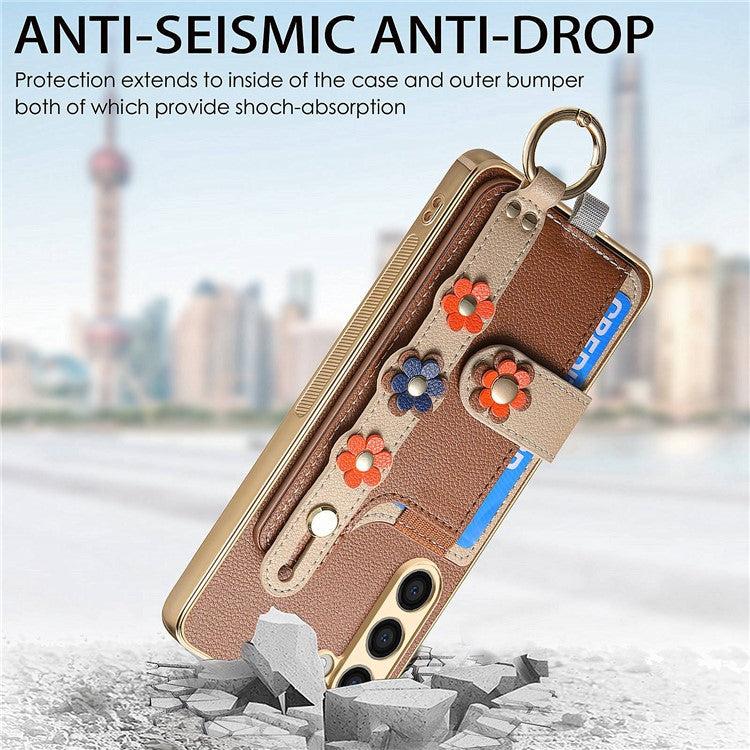 W2 For Samsung Galaxy S23+ Case Leather Coated TPU Phone Cover Anti-Drop Wristband 3D Flower Dedor