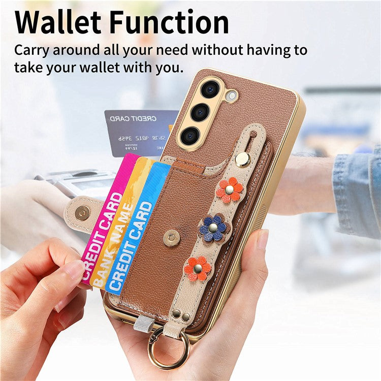 W2 For Samsung Galaxy S23+ Case Leather Coated TPU Phone Cover Anti-Drop Wristband 3D Flower Dedor