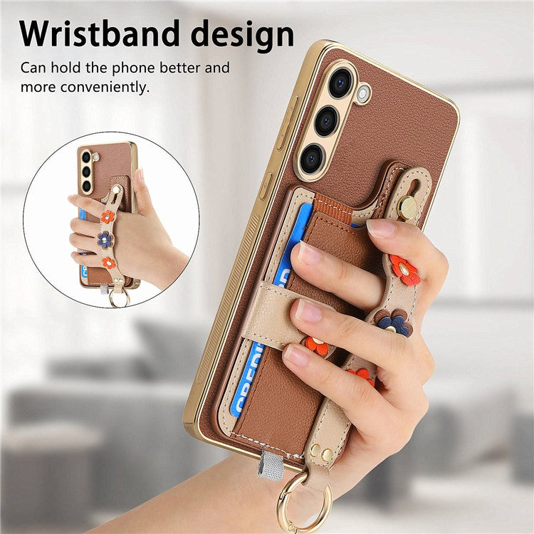 W2 For Samsung Galaxy S23+ Case Leather Coated TPU Phone Cover Anti-Drop Wristband 3D Flower Dedor