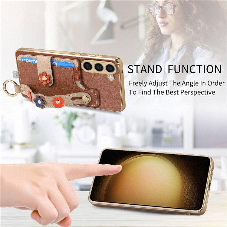 W2 For Samsung Galaxy S23+ Case Leather Coated TPU Phone Cover Anti-Drop Wristband 3D Flower Dedor
