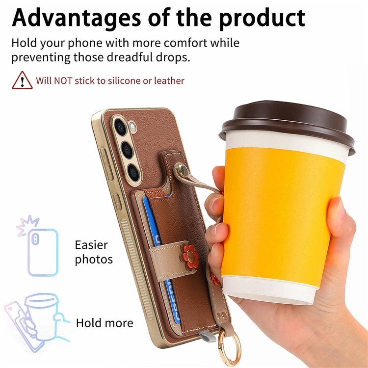 W2 For Samsung Galaxy S23+ Case Leather Coated TPU Phone Cover Anti-Drop Wristband 3D Flower Dedor