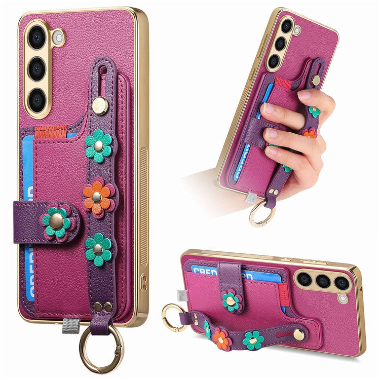 W2 For Samsung Galaxy S23+ Case Leather Coated TPU Phone Cover Anti-Drop Wristband 3D Flower Dedor