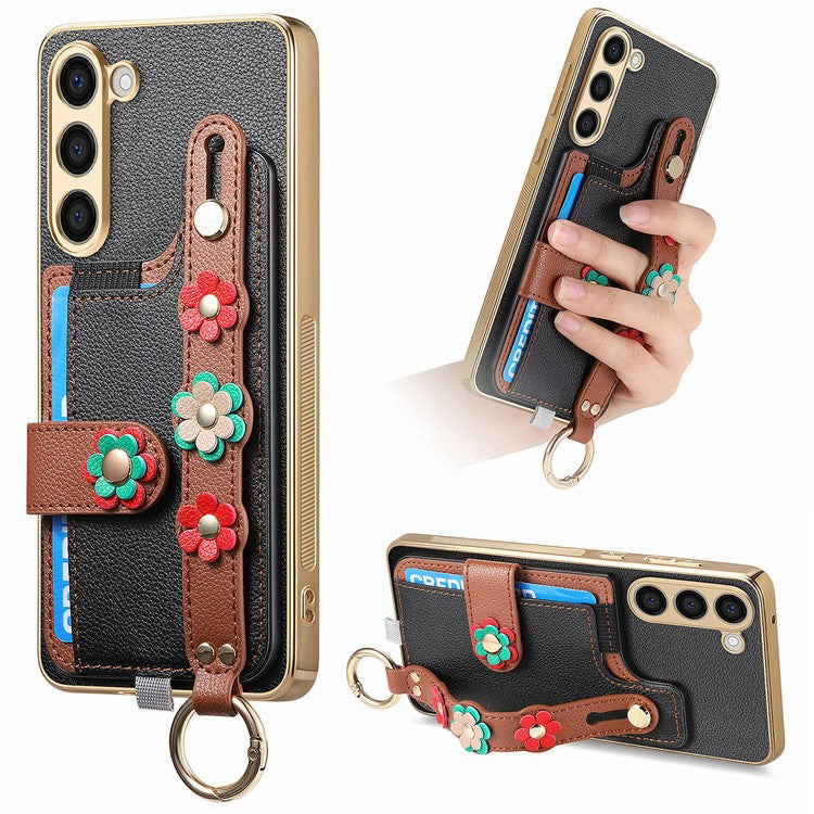 W2 For Samsung Galaxy S23+ Case Leather Coated TPU Phone Cover Anti-Drop Wristband 3D Flower Dedor