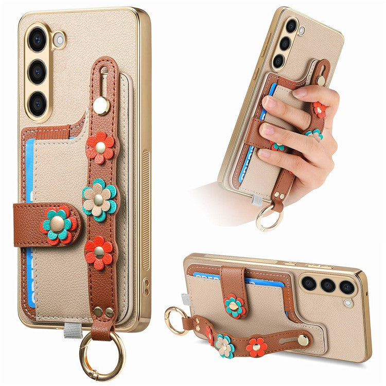 W2 For Samsung Galaxy S23+ Case Leather Coated TPU Phone Cover Anti-Drop Wristband 3D Flower Dedor