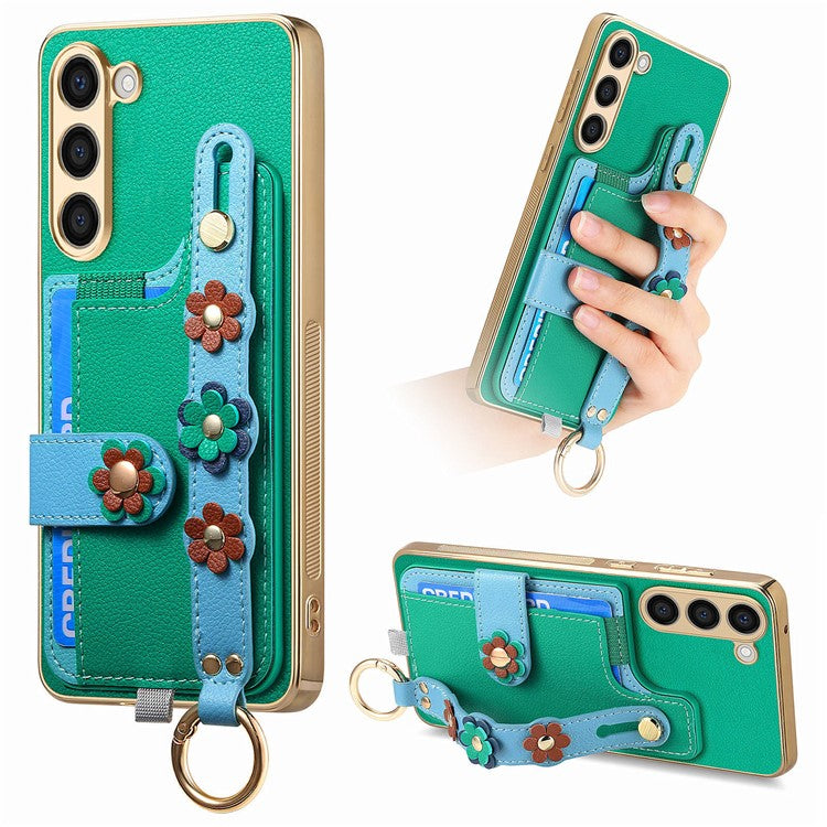 W2 For Samsung Galaxy S23+ Case Leather Coated TPU Phone Cover Anti-Drop Wristband 3D Flower Dedor