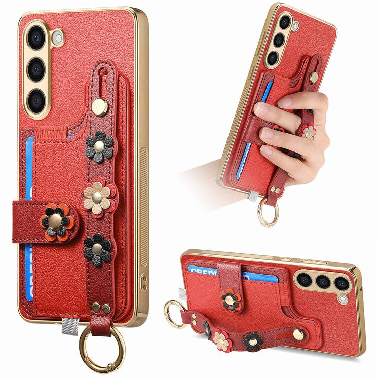 W2 For Samsung Galaxy S23+ Case Leather Coated TPU Phone Cover Anti-Drop Wristband 3D Flower Dedor
