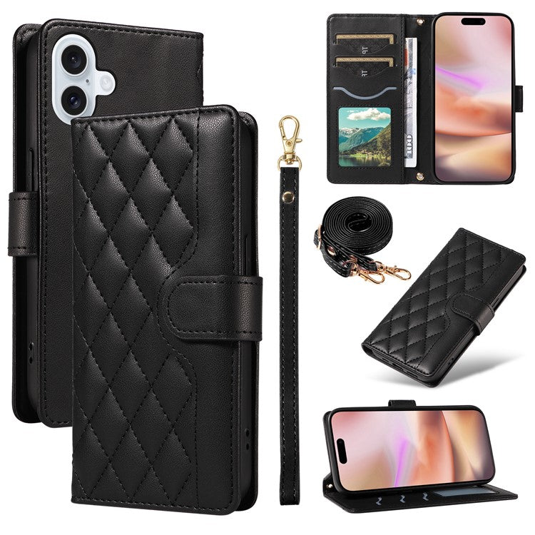 För iPhone 16 Plus Fodral Plånbok Rhombus Läder Handväska Telefonskydd med axelband