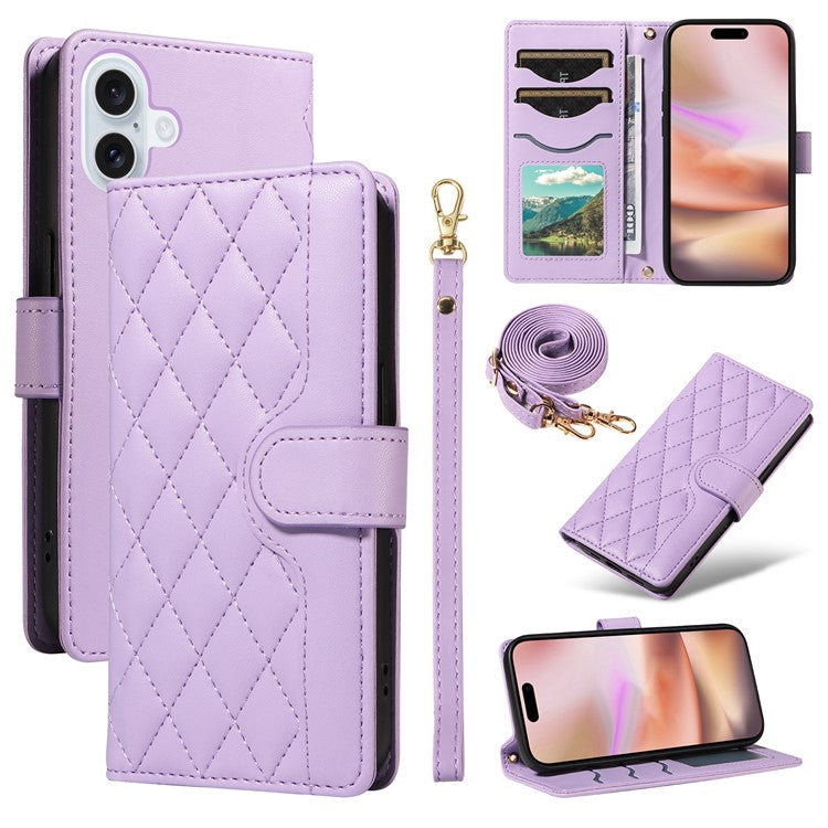 För iPhone 16 Plus Fodral Plånbok Rhombus Läder Handväska Telefonskydd med axelband