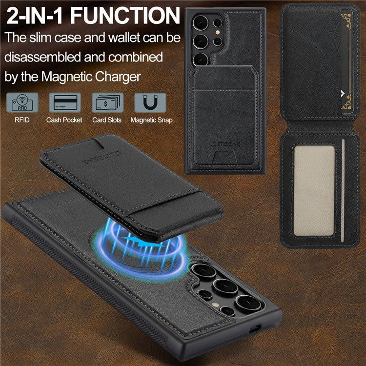 LC.IMEEKE L3 For Samsung Galaxy S23 Ultra Magnetic Case Detachable Card Holder Leather+TPU Mobile Cover