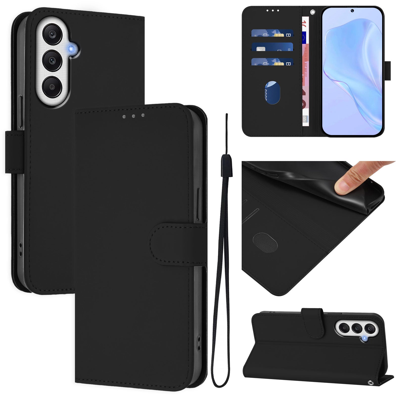 For Samsung Galaxy A25 5G (Global) (161.0 x 76.5 x 8.3mm) Case Solid Color Wallet Leather Phone Cover with Strap