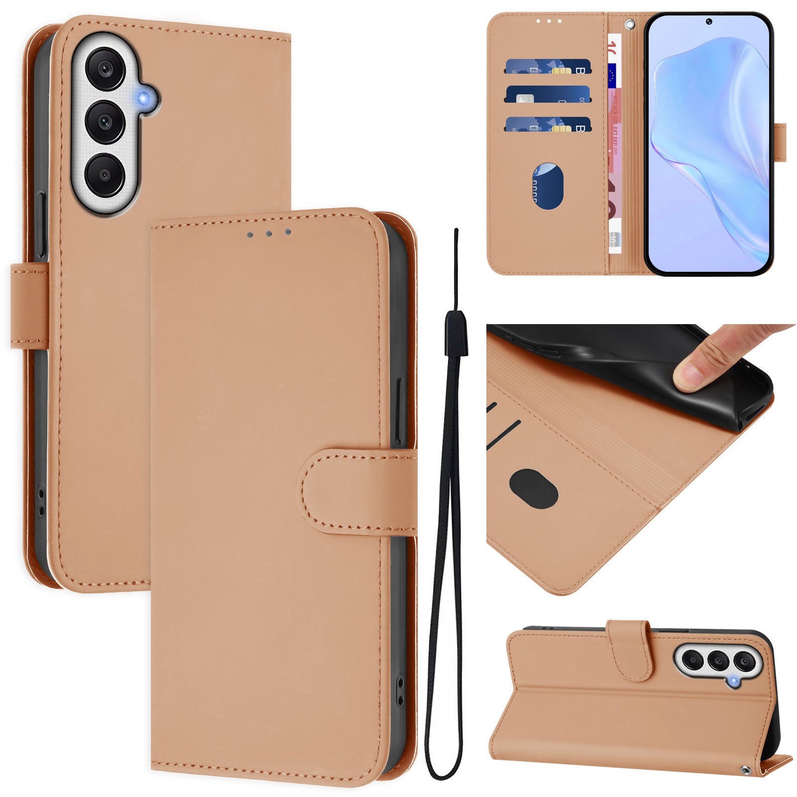 For Samsung Galaxy A25 5G (Global) (161.0 x 76.5 x 8.3mm) Case Solid Color Wallet Leather Phone Cover with Strap