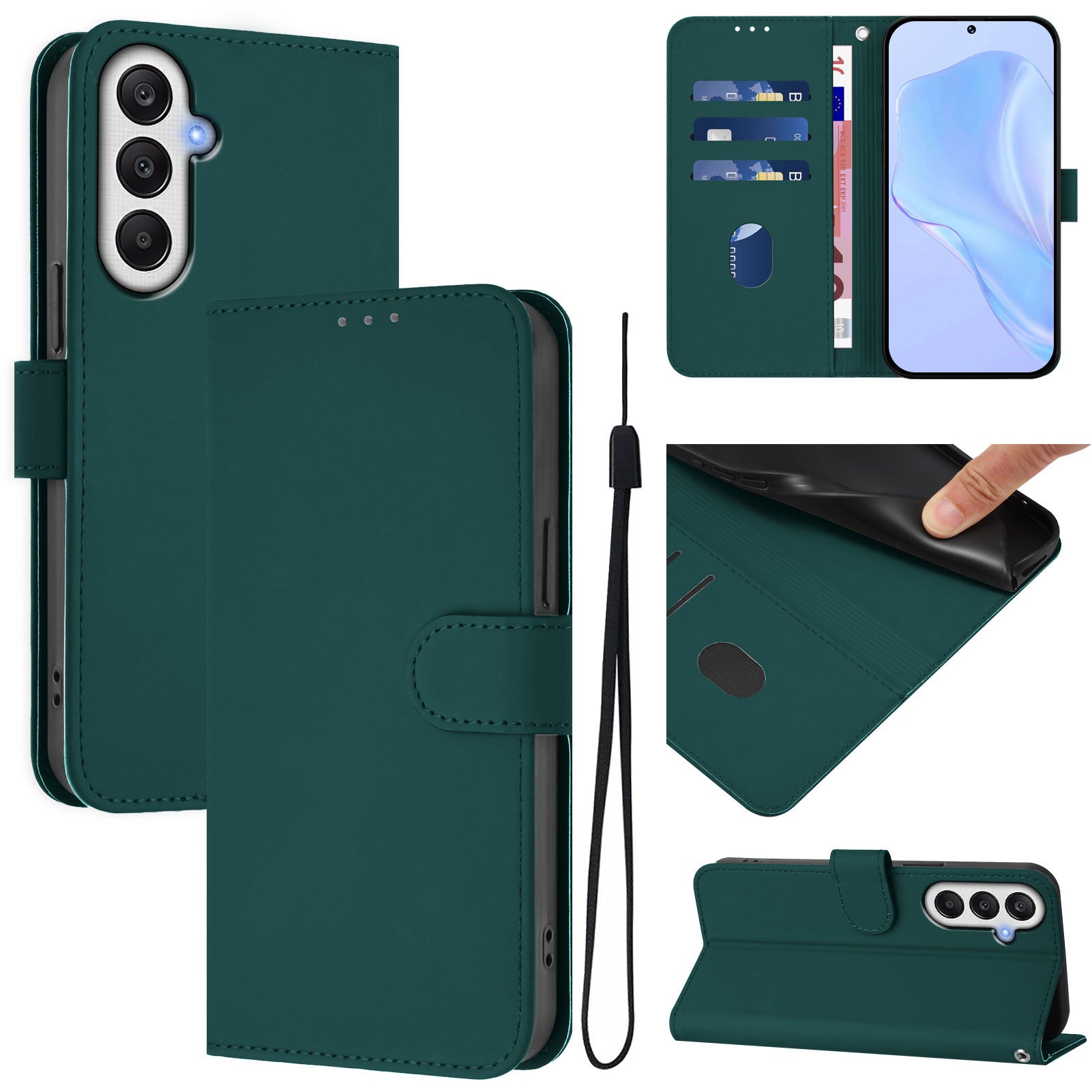 For Samsung Galaxy A25 5G (Global) (161.0 x 76.5 x 8.3mm) Case Solid Color Wallet Leather Phone Cover with Strap