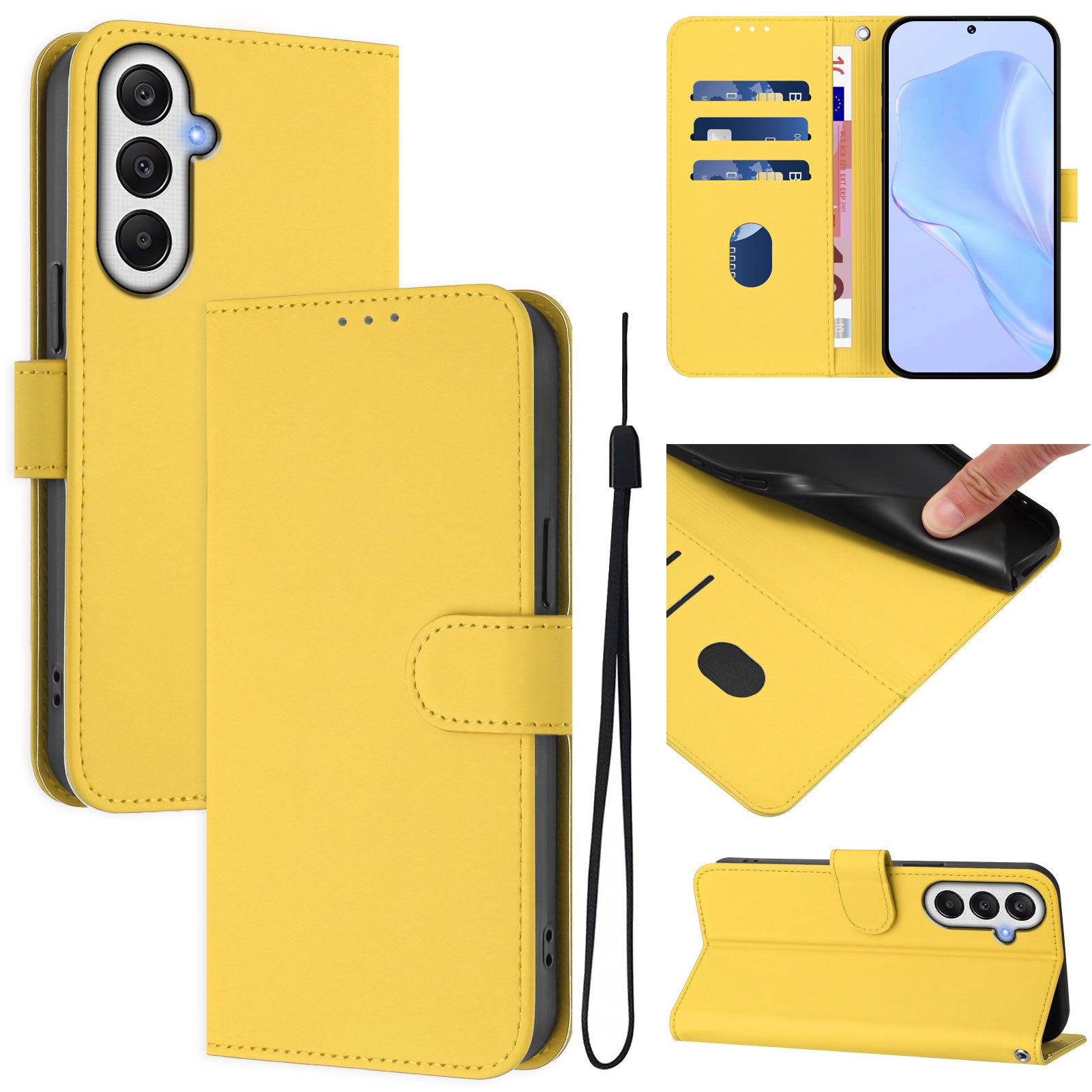 For Samsung Galaxy A25 5G (Global) (161.0 x 76.5 x 8.3mm) Case Solid Color Wallet Leather Phone Cover with Strap