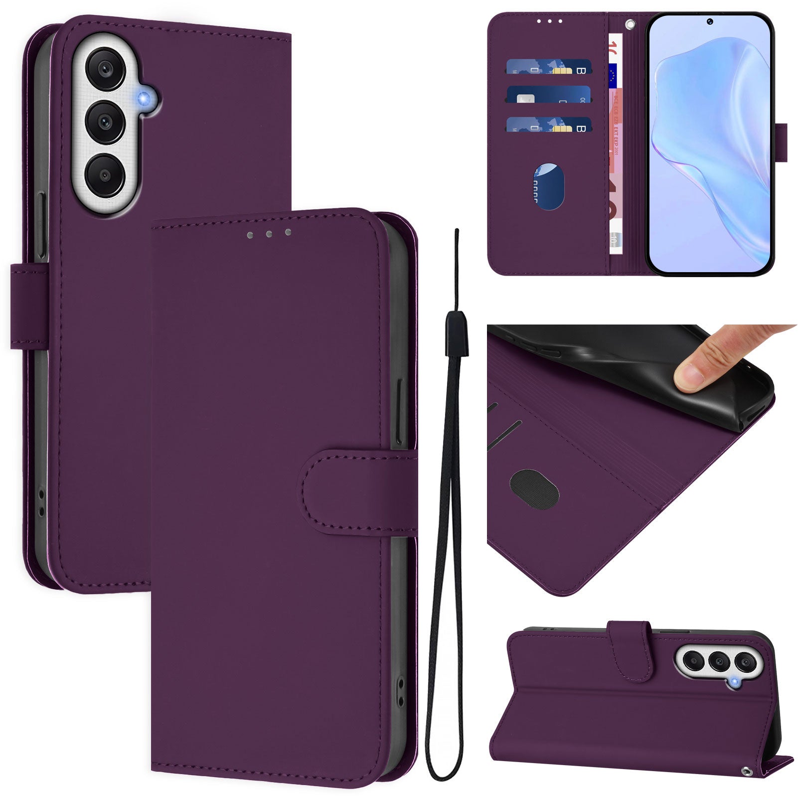 For Samsung Galaxy A25 5G (Global) (161.0 x 76.5 x 8.3mm) Case Solid Color Wallet Leather Phone Cover with Strap