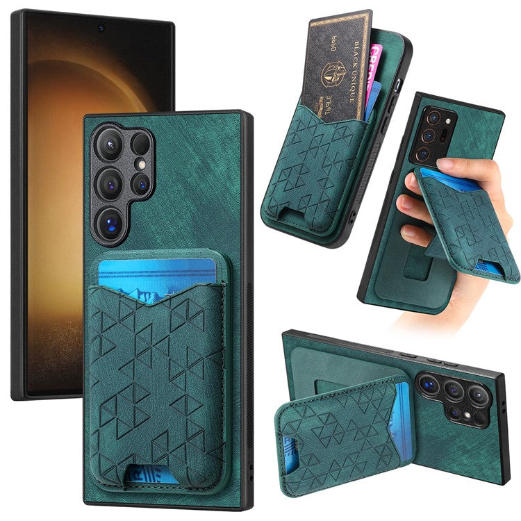 For Samsung Galaxy S23 Ultra Case Imprinted Pattern Card Holder Kickstand Leather Back Cover