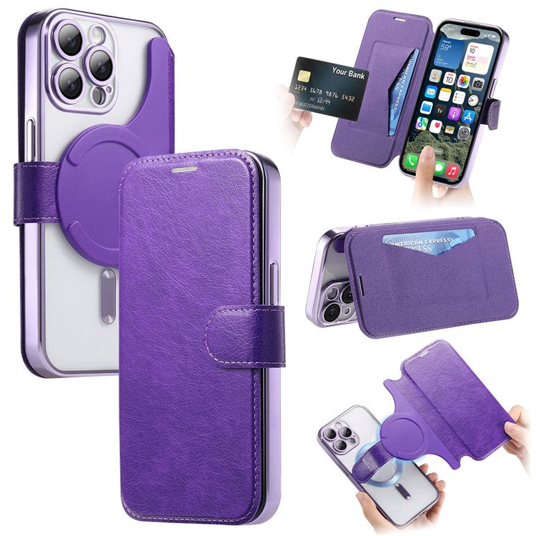 För iPhone 15 Pro Max-fodral kompatibelt med MagSafe avtagbart läderfodral med linsfil