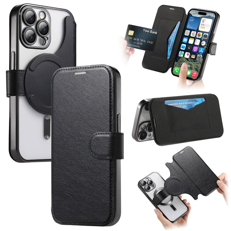 För iPhone 15 Pro Max-fodral kompatibelt med MagSafe avtagbart läderfodral med linsfil