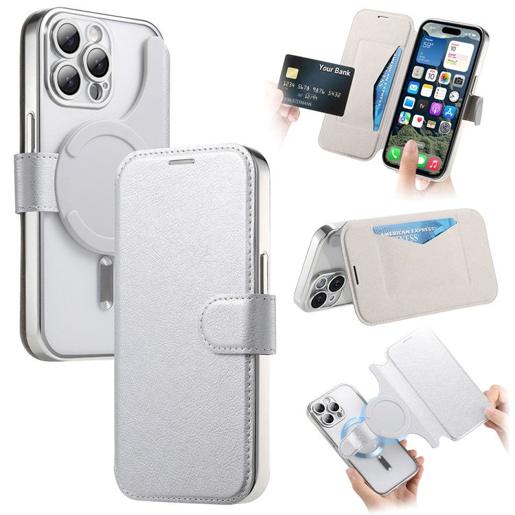 För iPhone 15 Pro Max-fodral kompatibelt med MagSafe avtagbart läderfodral med linsfil