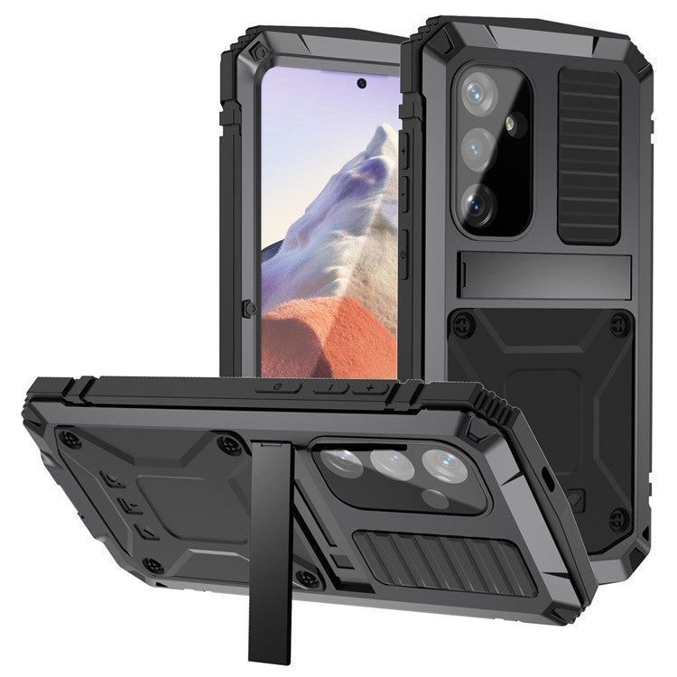 R-JUST For Samsung Galaxy S25 Fodral PC + Silikon + Metall Kickstand Telefonskal med härdat glasfilm