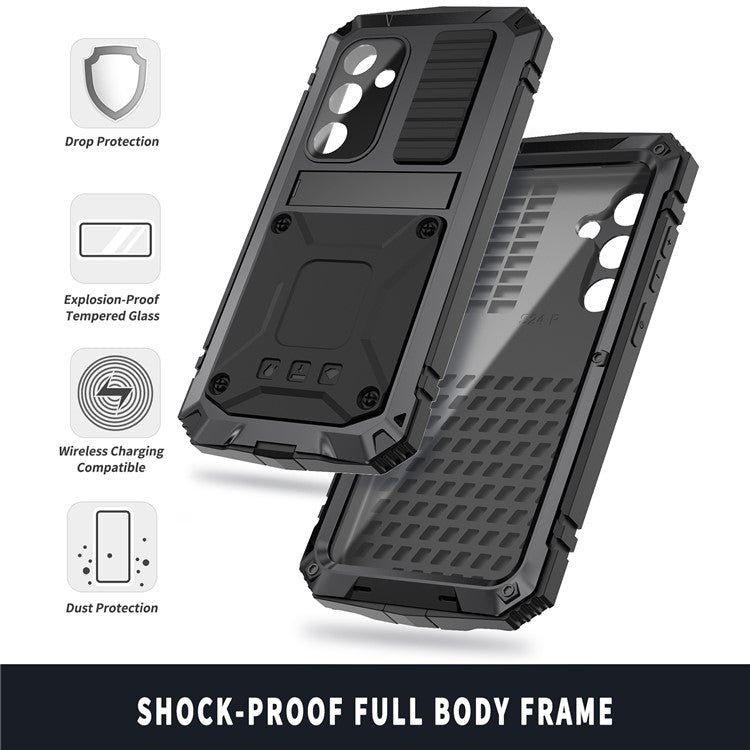 R-JUST For Samsung Galaxy S25 Fodral PC + Silikon + Metall Kickstand Telefonskal med härdat glasfilm