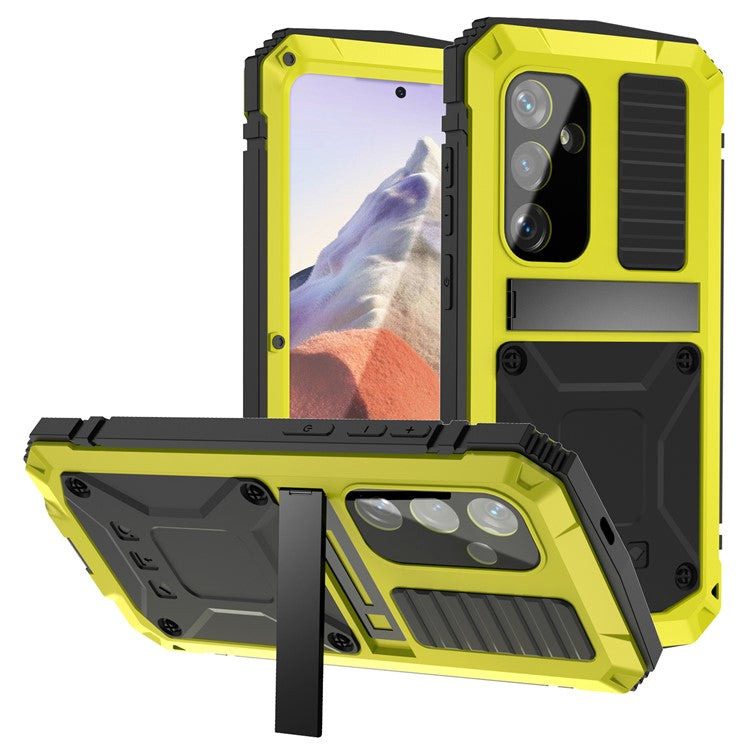 R-JUST For Samsung Galaxy S25 Fodral PC + Silikon + Metall Kickstand Telefonskal med härdat glasfilm