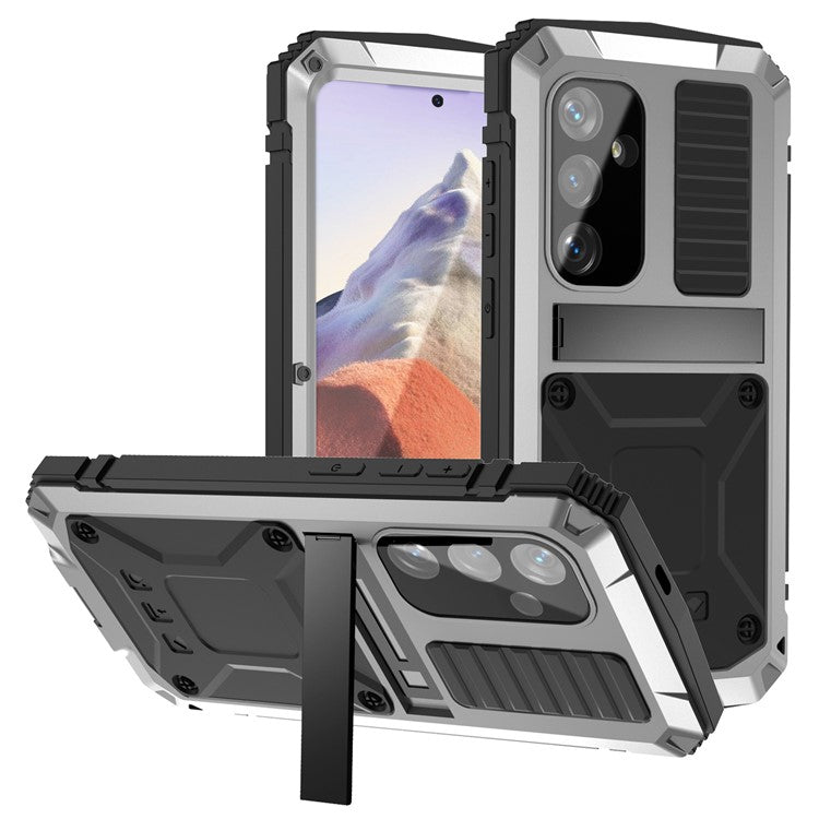 R-JUST For Samsung Galaxy S25 Fodral PC + Silikon + Metall Kickstand Telefonskal med härdat glasfilm