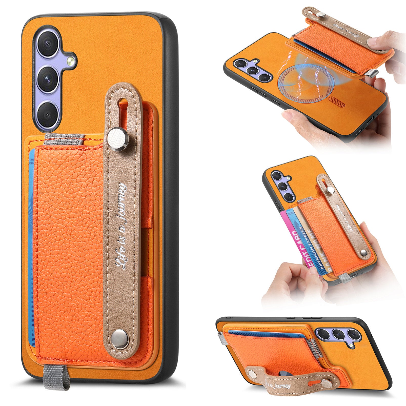 For Samsung Galaxy A15 5G / Galaxy A15 4G Magnetic Leather Back Case with Detachable Card Holder and Wristband