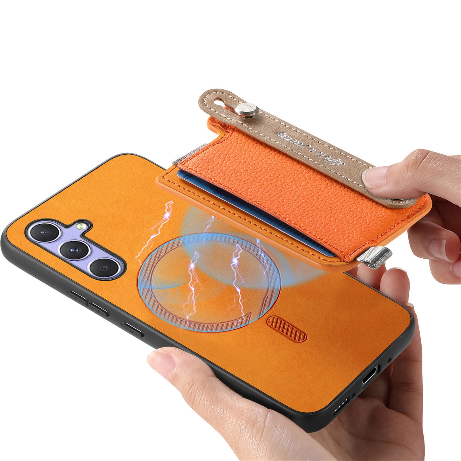 For Samsung Galaxy A15 5G / Galaxy A15 4G Magnetic Leather Back Case with Detachable Card Holder and Wristband