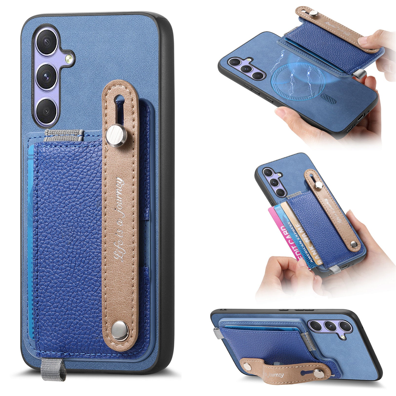 For Samsung Galaxy A15 5G / Galaxy A15 4G Magnetic Leather Back Case with Detachable Card Holder and Wristband
