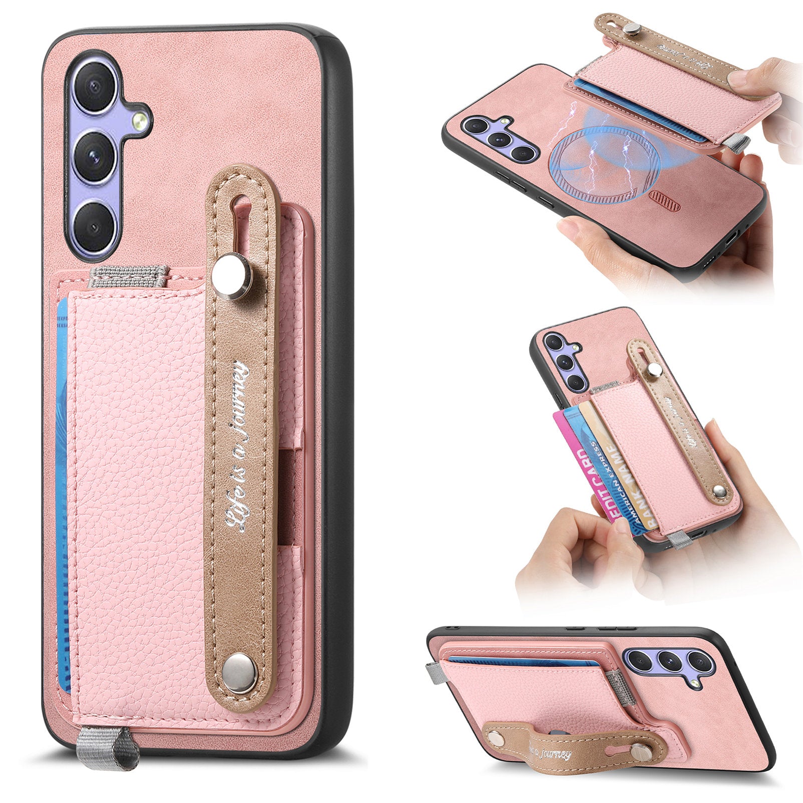 For Samsung Galaxy A15 5G / Galaxy A15 4G Magnetic Leather Back Case with Detachable Card Holder and Wristband