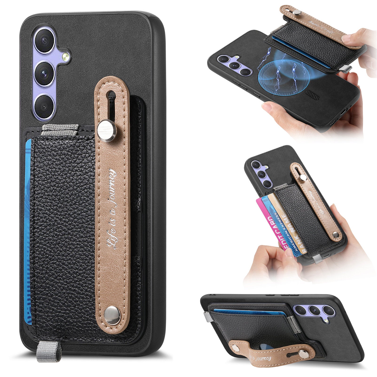 For Samsung Galaxy A15 5G / Galaxy A15 4G Magnetic Leather Back Case with Detachable Card Holder and Wristband