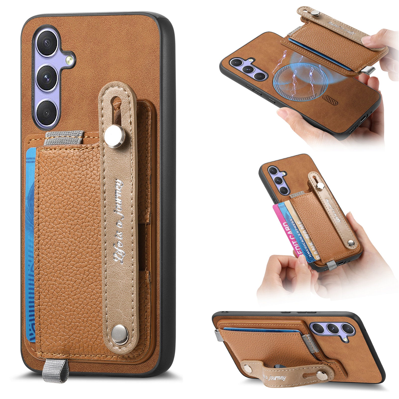 For Samsung Galaxy A15 5G / Galaxy A15 4G Magnetic Leather Back Case with Detachable Card Holder and Wristband