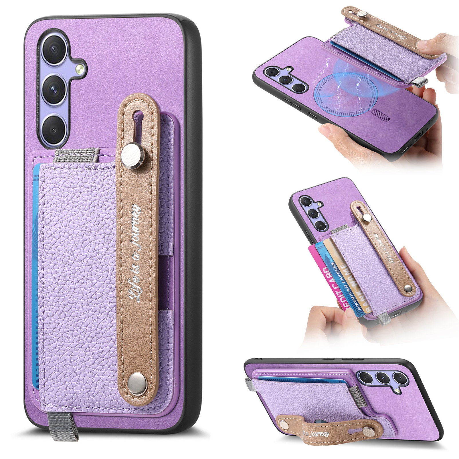 For Samsung Galaxy A15 5G / Galaxy A15 4G Magnetic Leather Back Case with Detachable Card Holder and Wristband