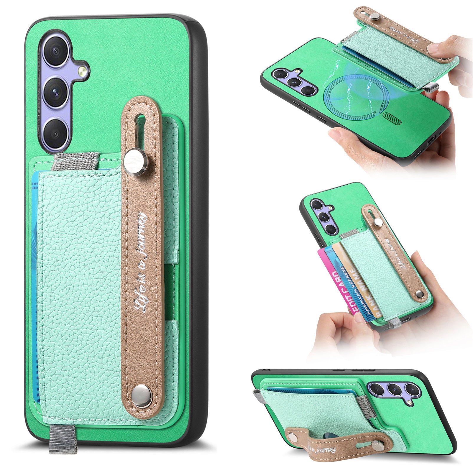 For Samsung Galaxy A15 5G / Galaxy A15 4G Magnetic Leather Back Case with Detachable Card Holder and Wristband