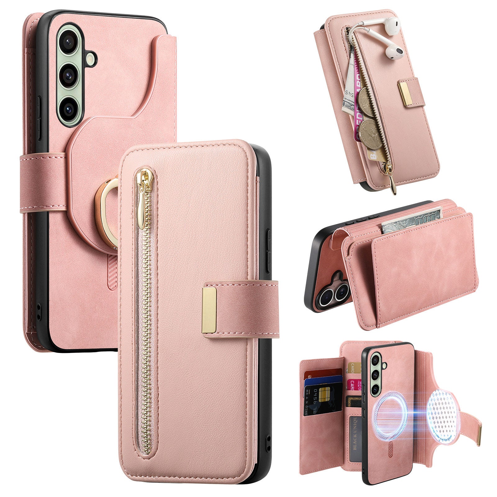 For Samsung Galaxy A55 5G Magnetic Leather Case with Detachable RFID Blocking Zipper Wallet Cover