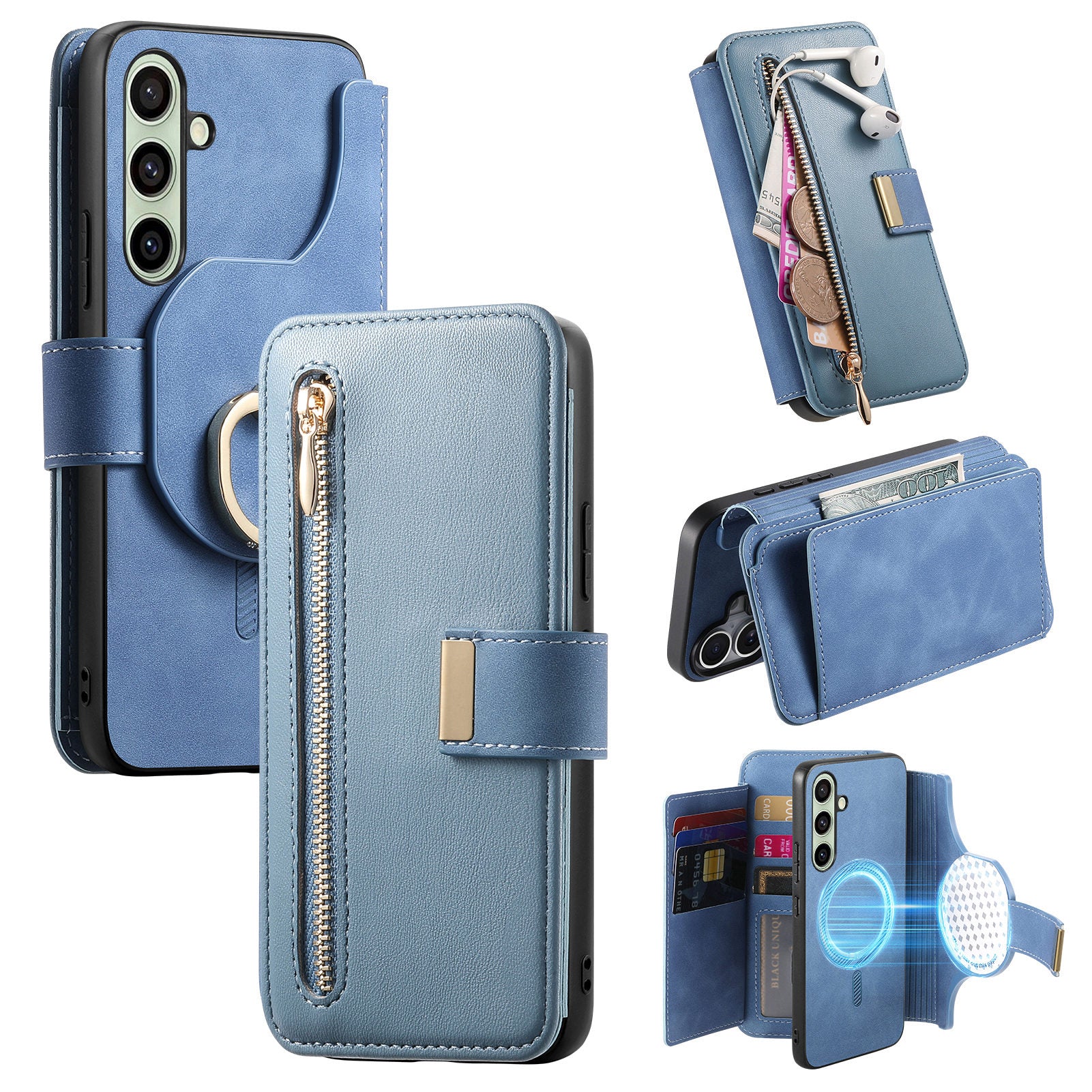 For Samsung Galaxy A55 5G Magnetic Leather Case with Detachable RFID Blocking Zipper Wallet Cover