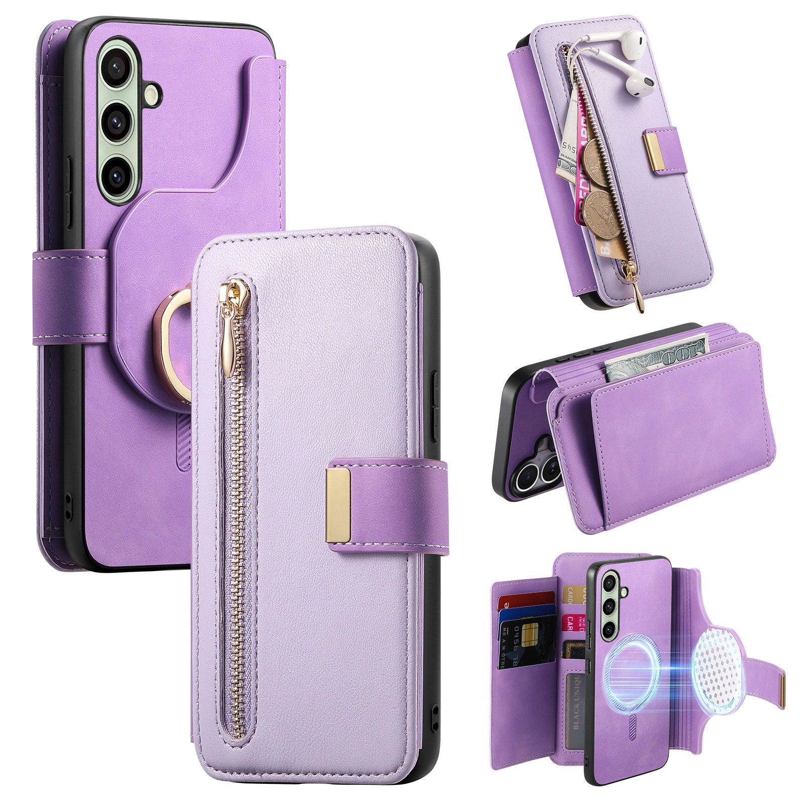 For Samsung Galaxy A55 5G Magnetic Leather Case with Detachable RFID Blocking Zipper Wallet Cover
