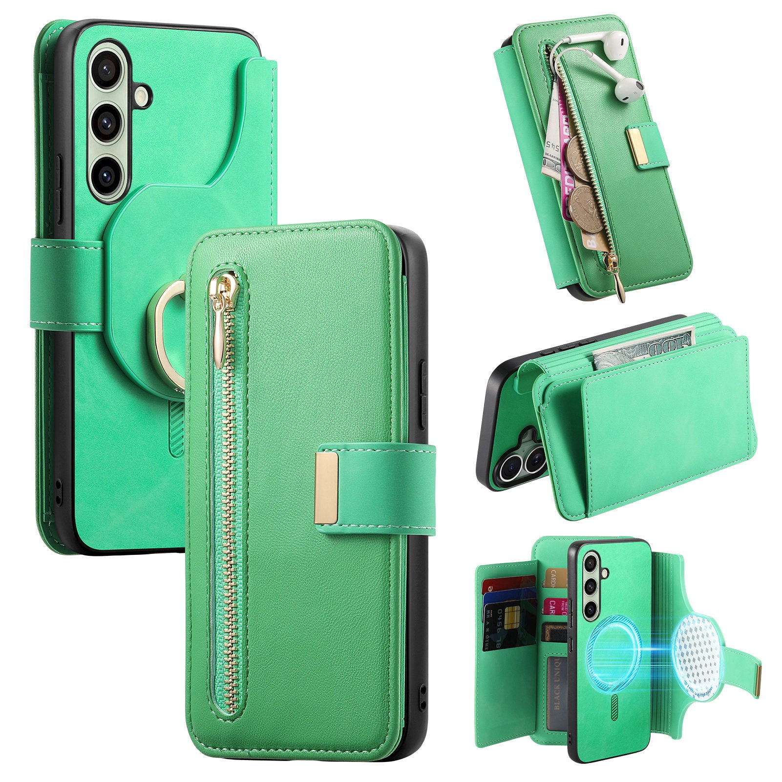 For Samsung Galaxy A55 5G Magnetic Leather Case with Detachable RFID Blocking Zipper Wallet Cover