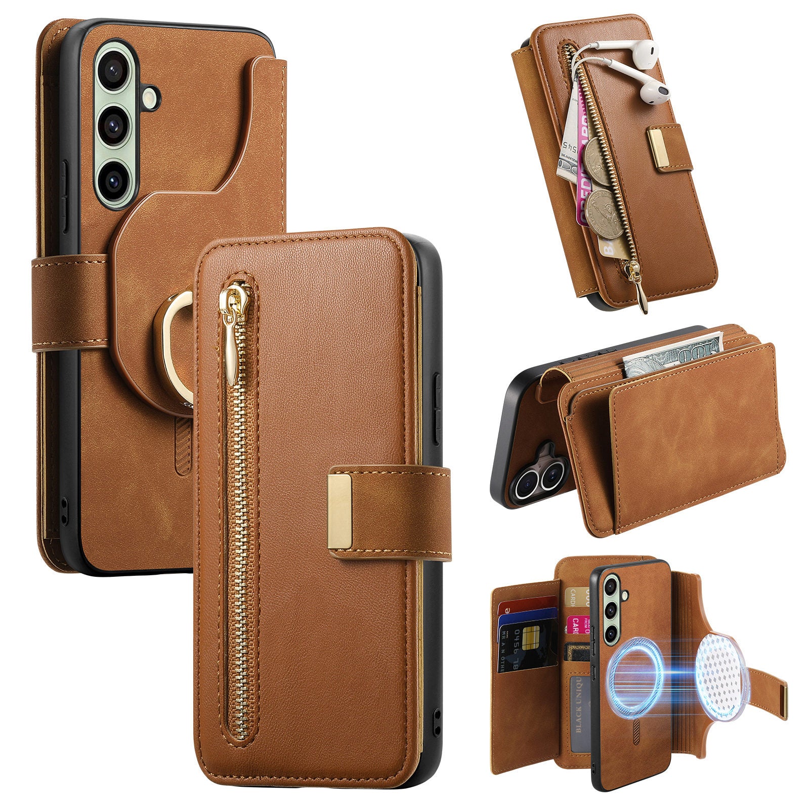 For Samsung Galaxy A55 5G Magnetic Leather Case with Detachable RFID Blocking Zipper Wallet Cover