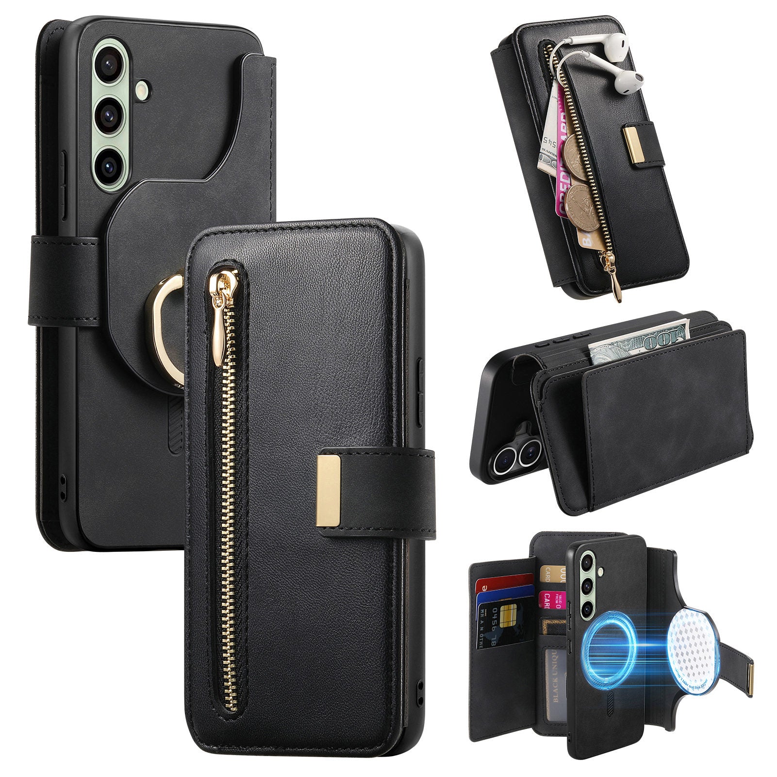 For Samsung Galaxy A55 5G Magnetic Leather Case with Detachable RFID Blocking Zipper Wallet Cover