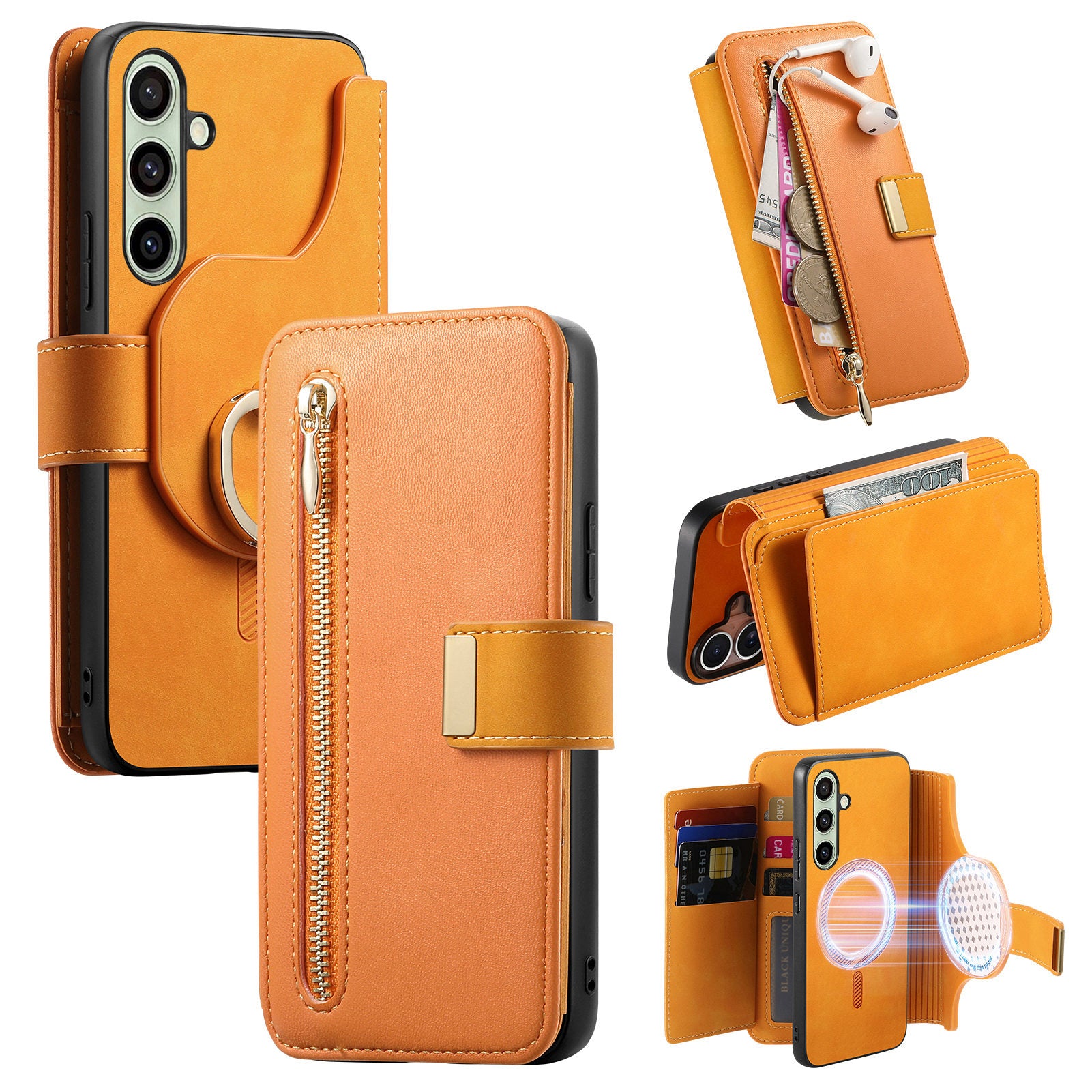For Samsung Galaxy A55 5G Magnetic Leather Case with Detachable RFID Blocking Zipper Wallet Cover