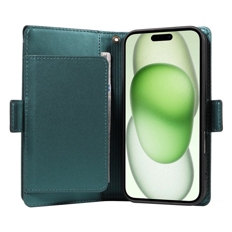 För iPhone 15 Plus-fodral med multikorthållare och rem PU-lädertelefonfodral