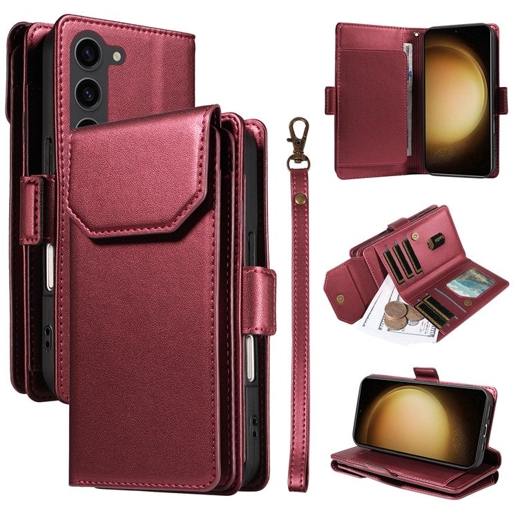 For Samsung Galaxy S23+ Case with Multi-Card Holder and Strap PU Leather Phone Cover Stand