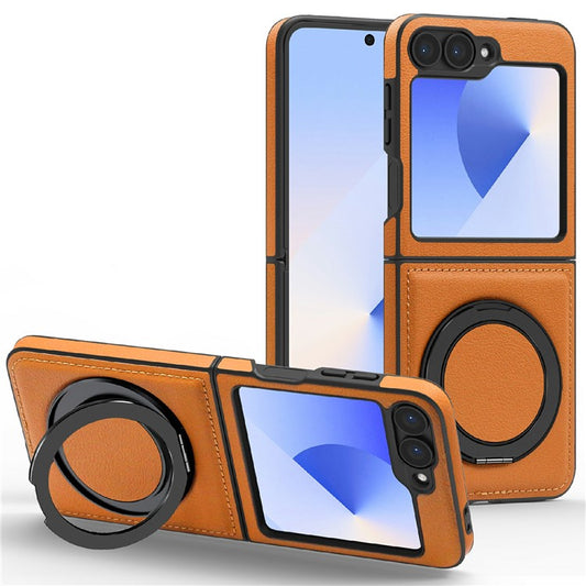 For Samsung Galaxy Z Flip6 5G Case with Ring Kickstand Compatible with MagSafe PU Leather Back Cover