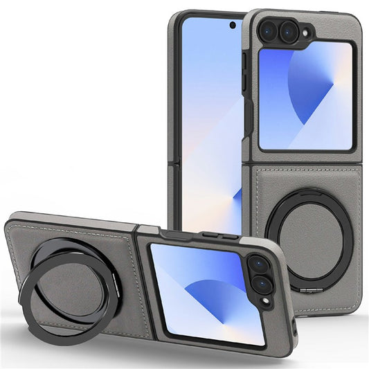For Samsung Galaxy Z Flip6 5G Case with Ring Kickstand Compatible with MagSafe PU Leather Back Cover