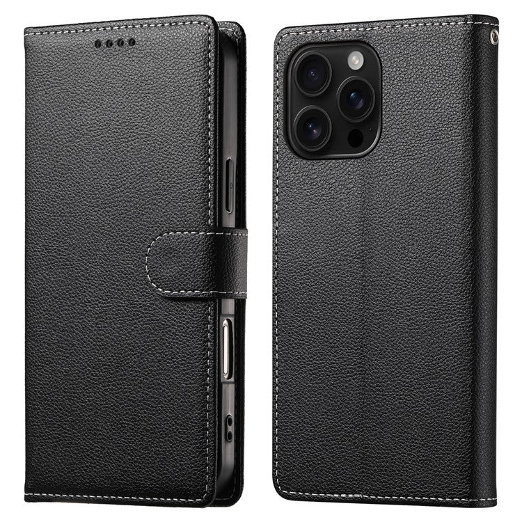 DF-012 För iPhone 16 Pro Max Fodral Litchi Texture Läder Plånboksställ Telefonskydd