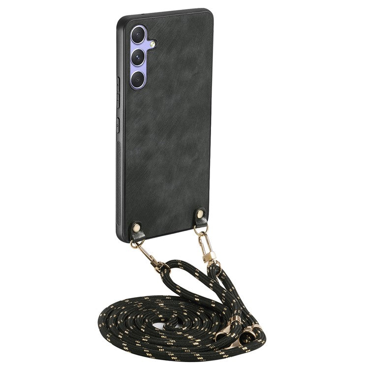 För Samsung Galaxy A36 5G Fodral Retro Texture Läderbelagd PC + TPU telefonskal med hängrep