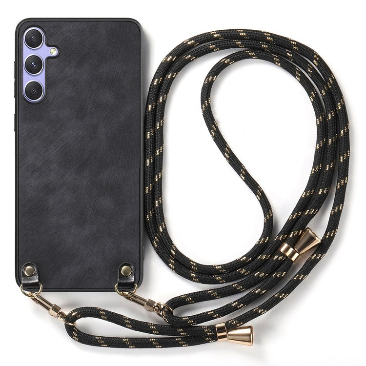 För Samsung Galaxy A36 5G Fodral Retro Texture Läderbelagd PC + TPU telefonskal med hängrep